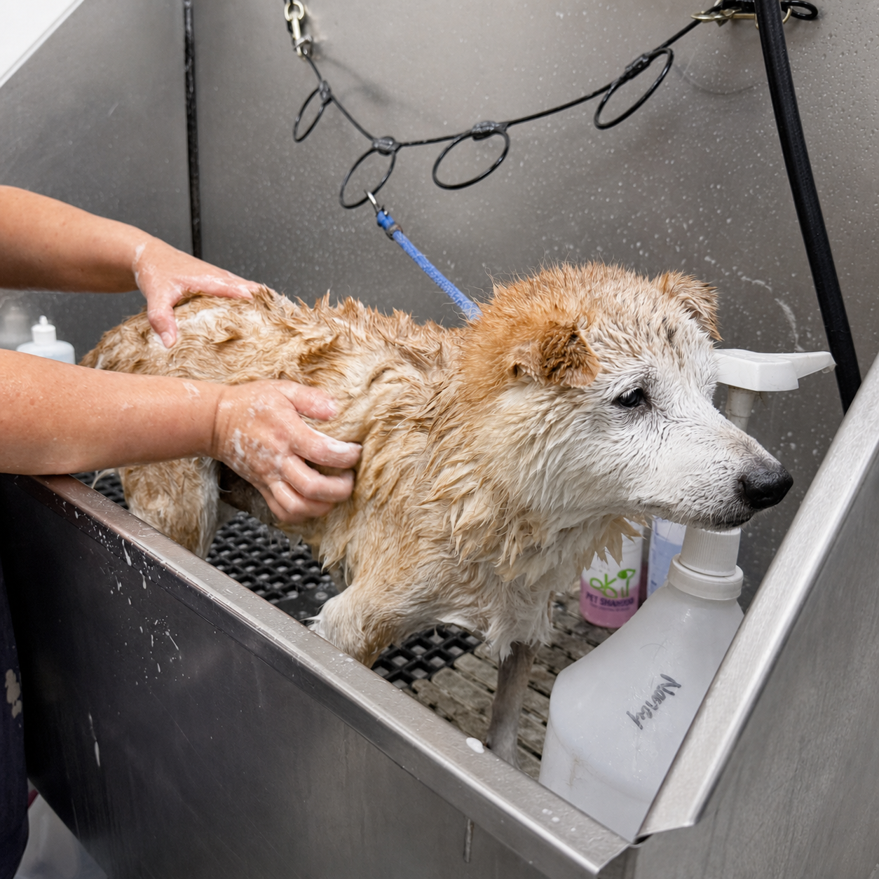 A happy dog getting a gentle bath in the grooming tub