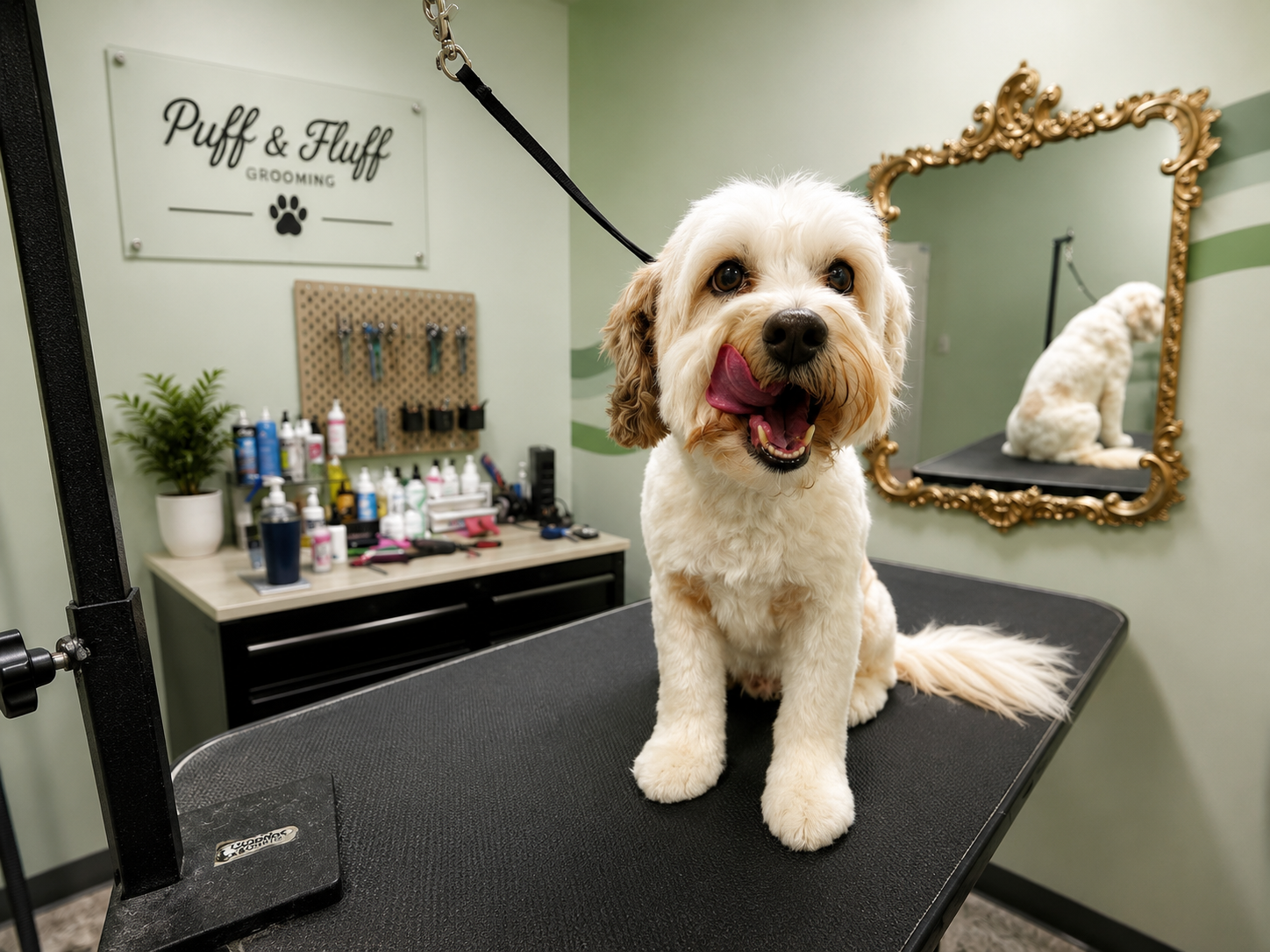 A fluffy dog being brushed with a de-shedding tool